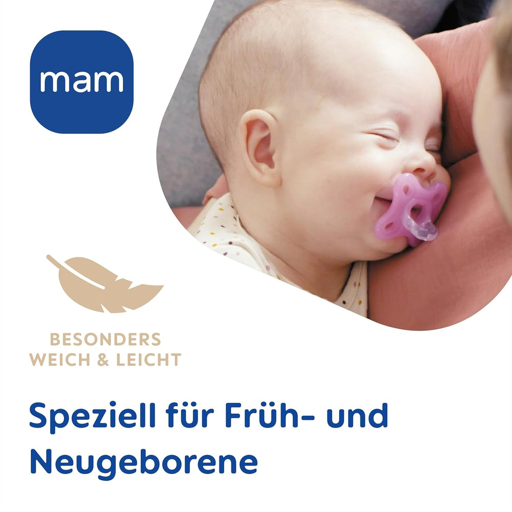 Suzetă MAM Comfort | 0-3 luni | Suzetă pentru prematuri și nou-născuți | Suzetă potrivită pentru alăptare | Extra mică și ușoară | Extra moale | 100% silicon | Roz/Bej | Pachet de 2