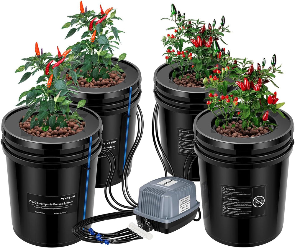 VIVOSUN DWC Hydrokultur Anbausystem z Topf-Dripkit, 5-Gallonen Tiefwasserkultur, Umwälz-Tropfgartensystem z Mehrzweck-Luftschlauch, 8W Luftpumpe und Luftstein (1 wiadro + Top-Drip-Kit)