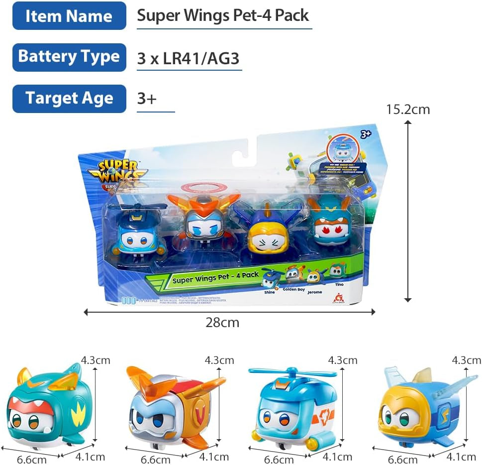 Super Wings Super Pets 4 PCS Shine, Golden Boy, Jerome, Ellie, cu expresie facială comutabilă, cu efect de fulger, portabil, jucărie pentru 3 4 5 6 7 8 ani băiat fată, 2 inci Action figures Naty Shop