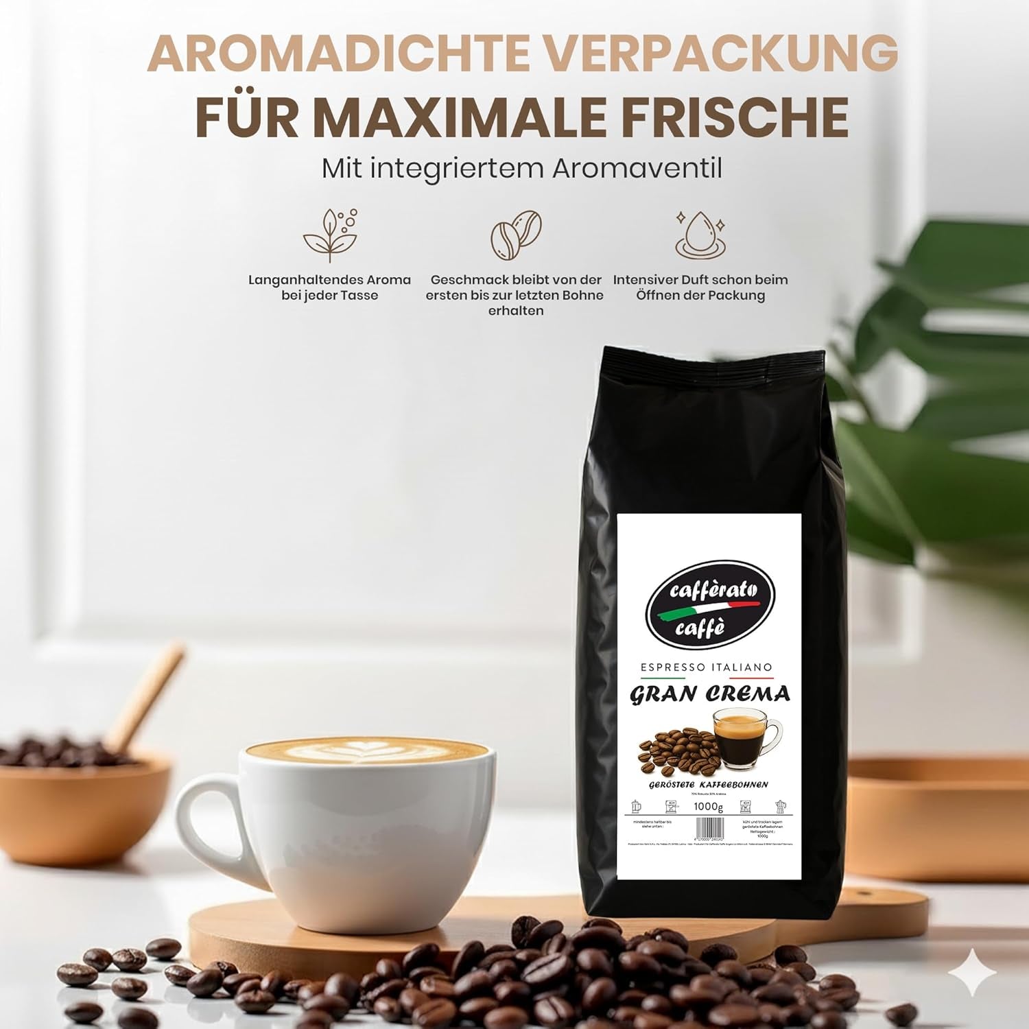 Cafferato Caffè Gran Crema – 1 kg boabe de cafea | Espresso italian | Aciditate scăzută, cu note de nucă și ciocolată | Boabe întregi pentru espresso și specialități de cafea | Cu supapă de aromă
