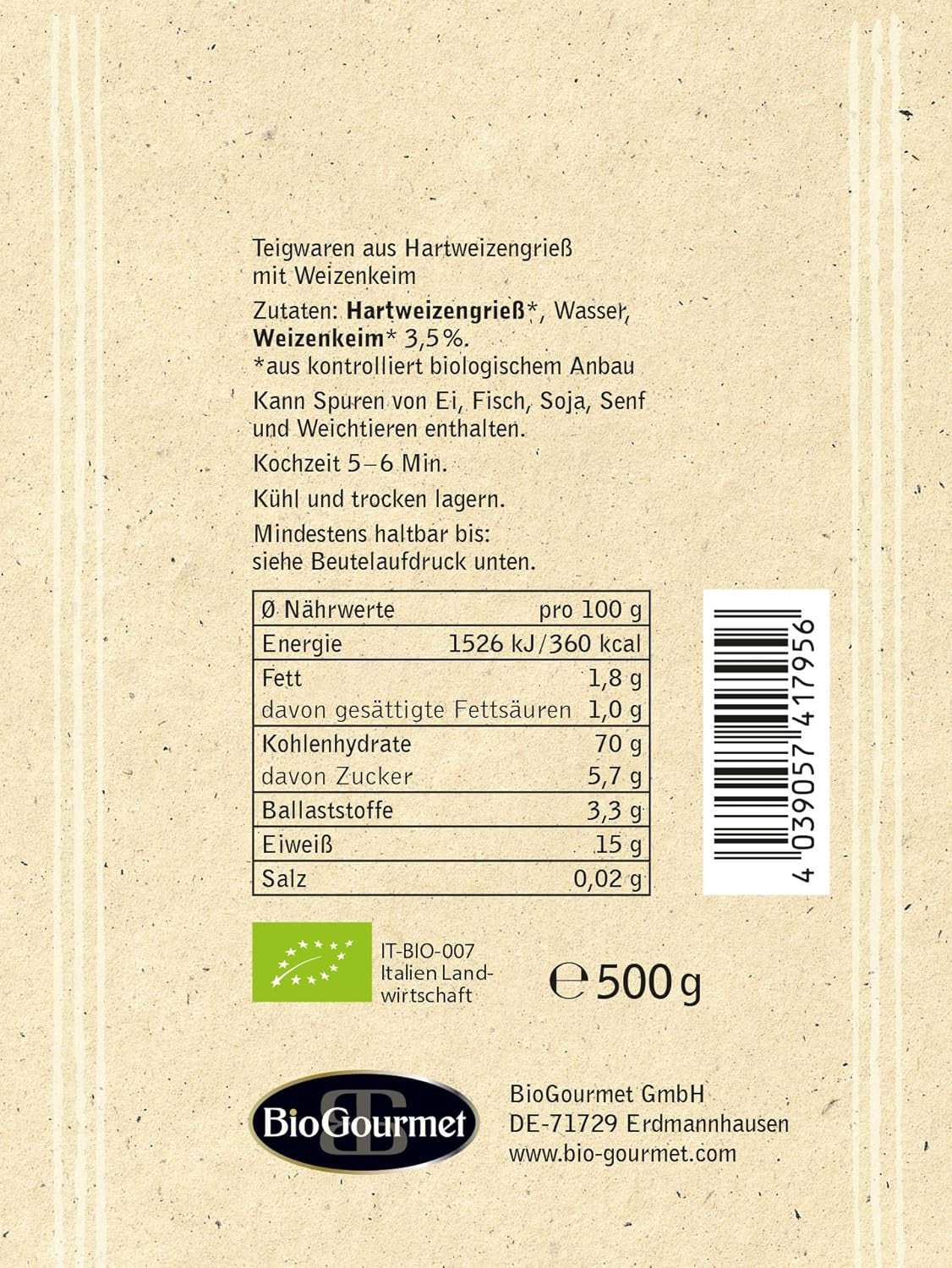 BioGourmet Pappardelle z kiełkami pszenicy - Organiczny szeroki makaron do gulaszu i sosów - z dodatkowymi składnikami odżywczymi | 500 g Organiczne i wegańskie