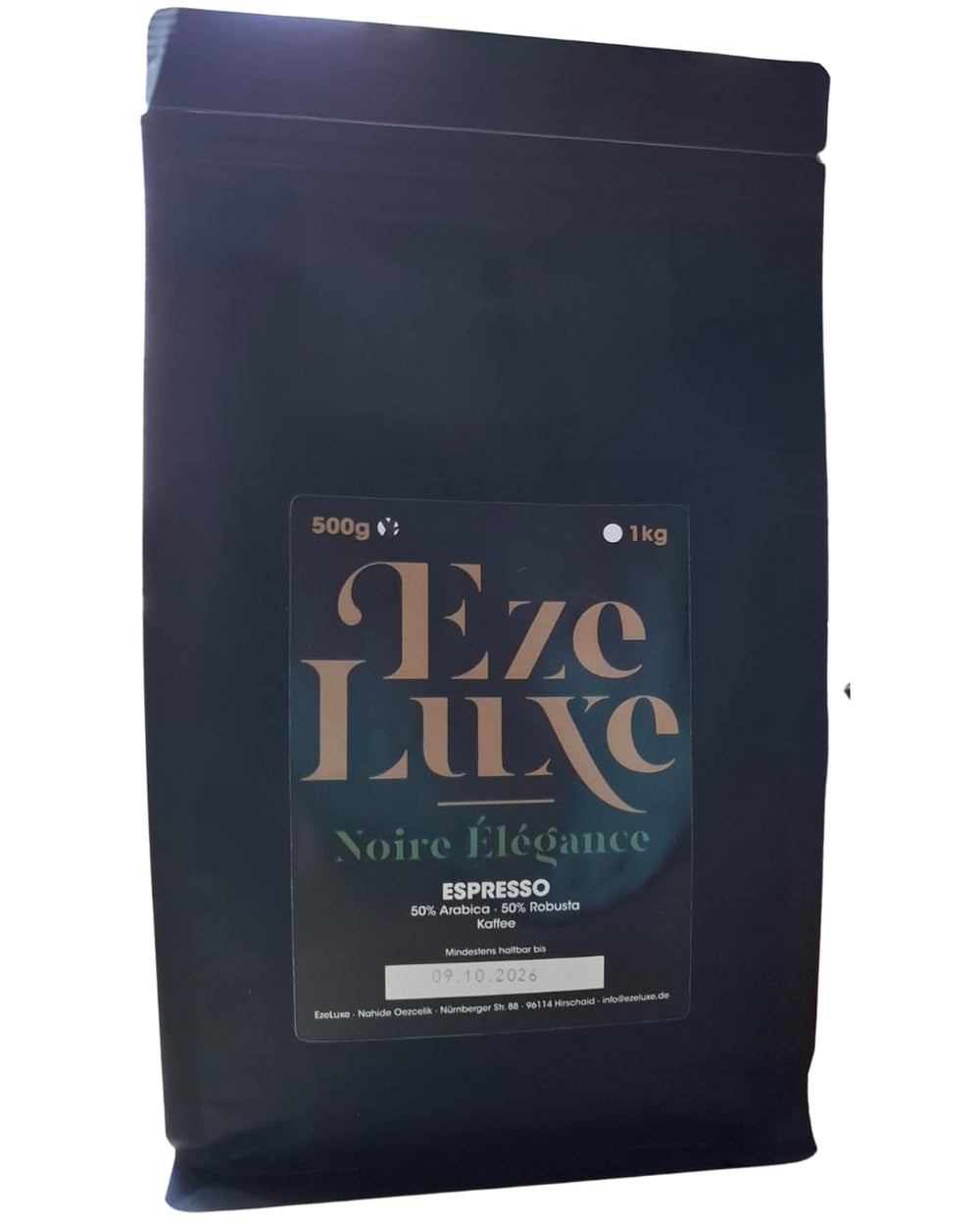 Cafea Espresso Noire Elegance 500g – 50% Arabica și 50% Robusta din Brazilia și India – prăjire medie, puternică și cremoasă cu ciocolată neagră – intensitate 8 – incl. espressor gratuit