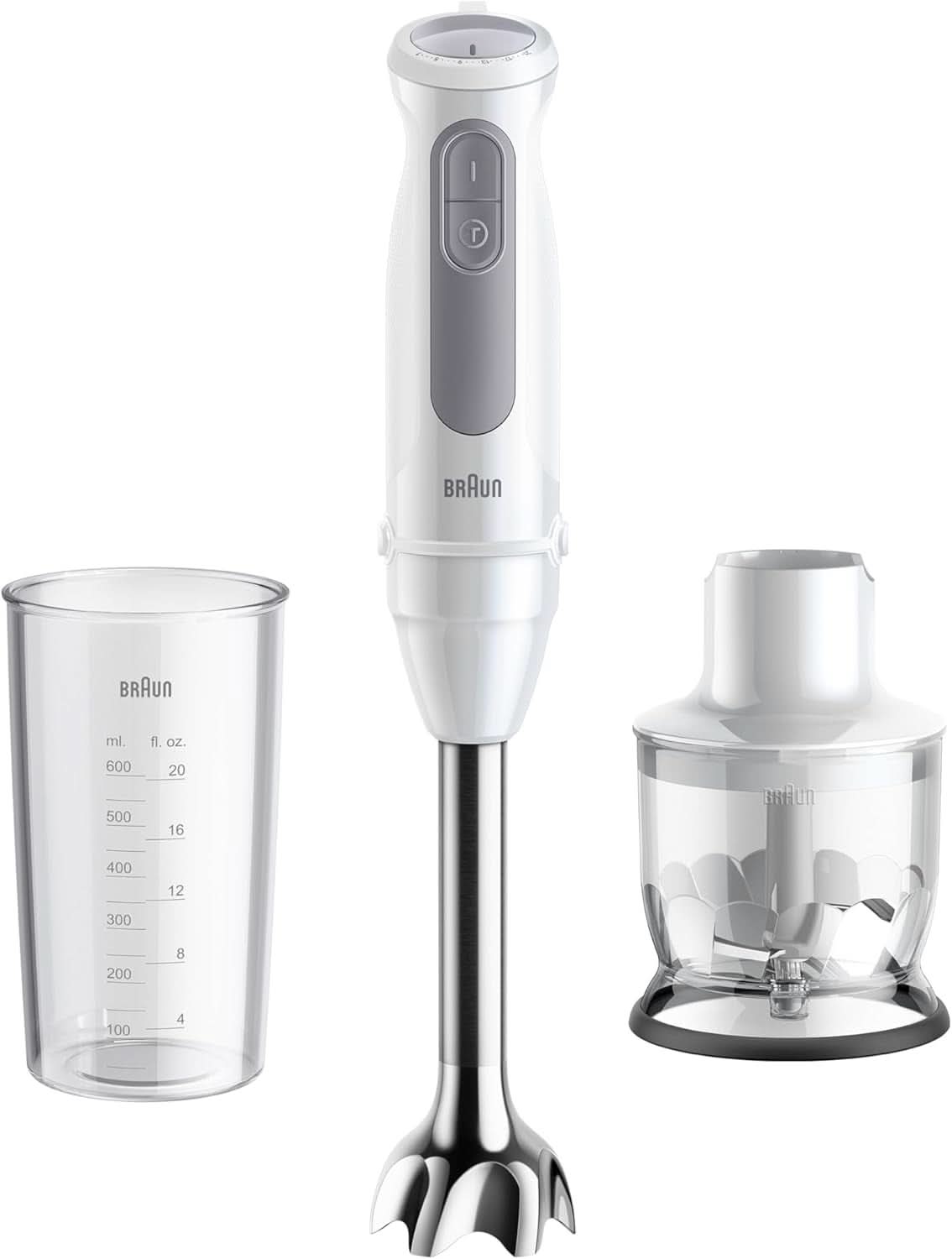 Braun Stabmixer MQ 5200WH - Multiquick 5 Vario Pürierstab Mit Edelstahl Mixfuß, 1000 Watt, Inkl. 600 ml Mix- & Messbecher, Weiß/Grau Kitchen Naty Shop Wersja 2024 - Edelstahlschaft