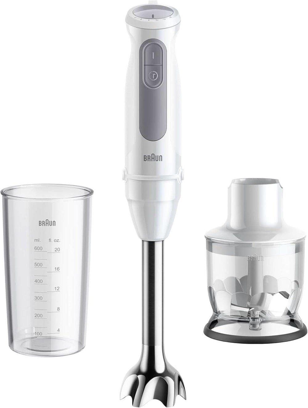 Braun Stabmixer MQ 5200WH - Multiquick 5 Vario Pürierstab Mit Edelstahl Mixfuß, 1000 Watt, Inkl. 600 ml Mix- & Messbecher, Weiß/Grau Kitchen Naty Shop Wersja 2024 - Edelstahlschaft
