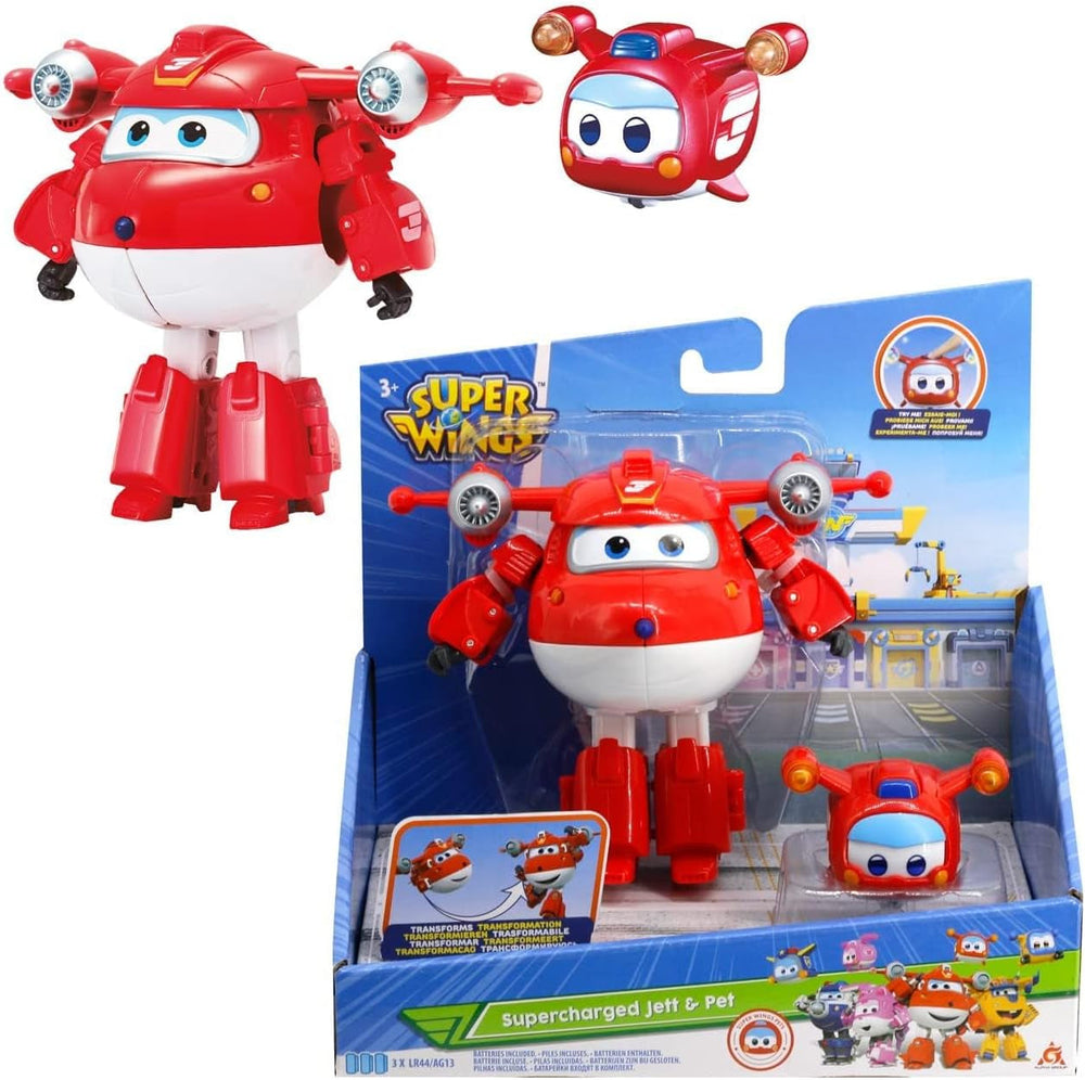 Super Wings EU770447 - Transformacja Tino i Peta, transformacja figurki zabawki ok. 14,5 cm i zwierzątko o wysokości ok. 4,3 cm, dla dzieci powyżej 3 roku życia Figurki Naty Shop Jett Pet