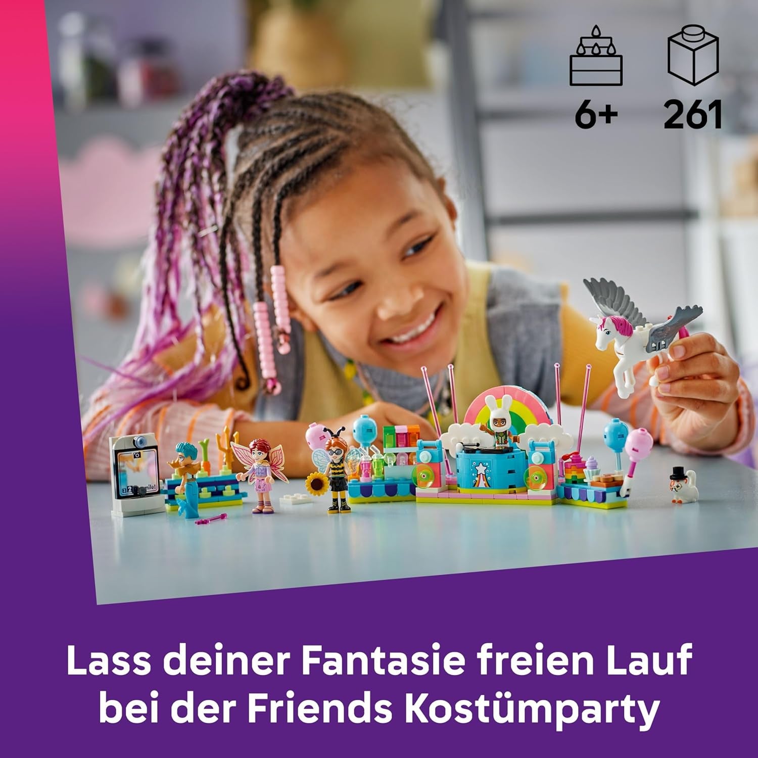 LEGO Friends Kostümparty mit Einhorn und Fee - Spielzeug für Mädchen ab 6 Jahren - Bühne, DJ-Pult, 4 Minipuppen, der Katze Churro und Einer Pferdefigur sowie lustigem Zubehör - Pomysł na prezent - 42661