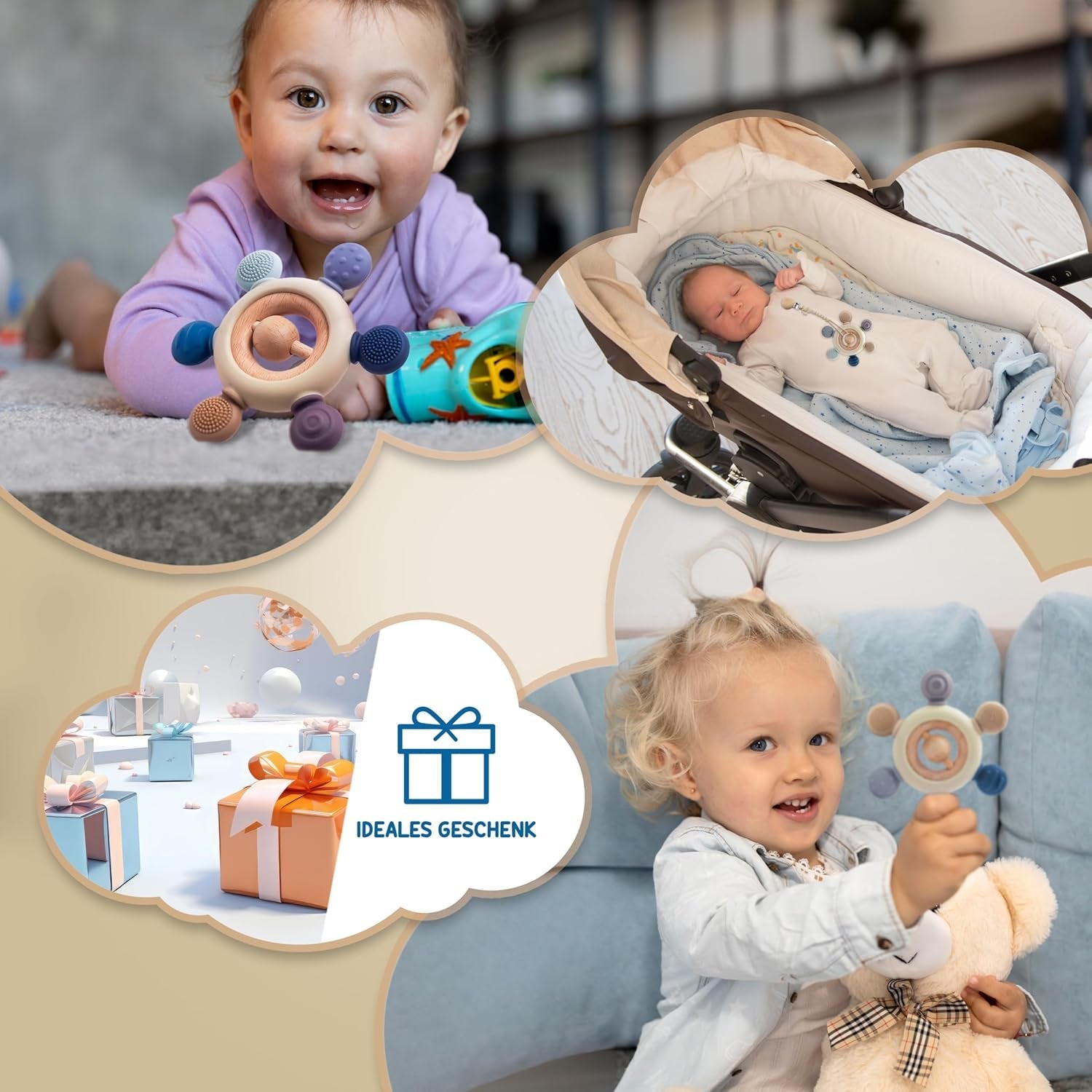 Inel de dentiție pentru bebeluși cu lanț pentru suzetă - ajutor pentru dentiție - jucărie pentru bebeluși 0-6 luni - articole esențiale pentru nou-născuți - jucărie de dentiție, fără BPA - idei de cadouri pentru sugari