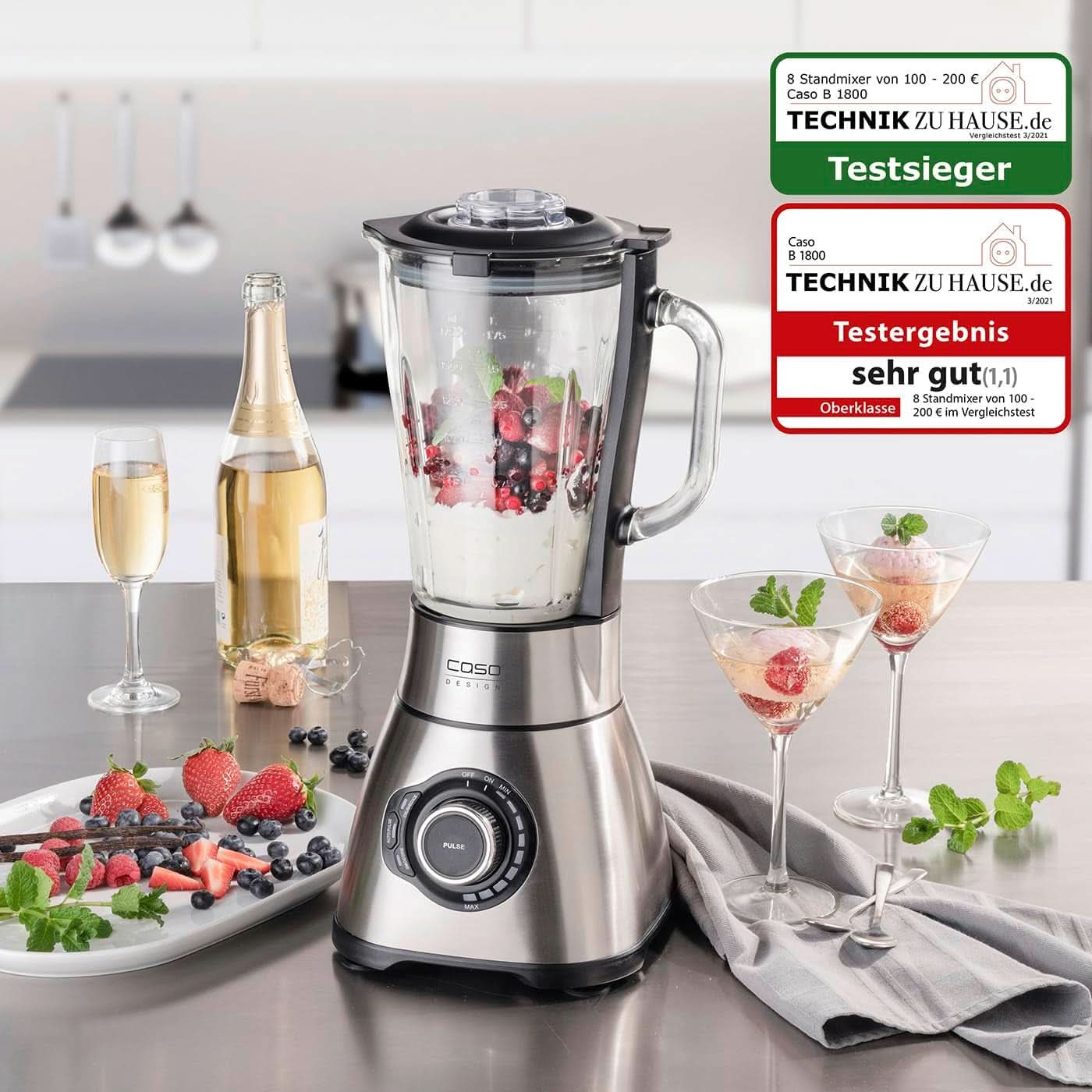 CASO B 1800 Powerblender-Set - Mikser stojący, 28 000 U/Min, Glasbehälter 1,75 L, Inkl. Trinkflasche Und Zerkleiner, Mixer Testsieger Mit Sehr Gut, Edelstahl Naty Shop