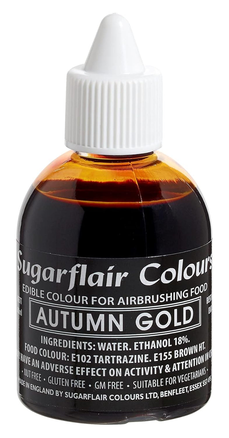 Colorant alimentar Sugarflair cu aerograf, auriu auriu, colorant alimentar lichid comestibil, colorant pentru aerograf, torturi, brioșe, glazură și decorațiuni pentru torturi - 60 ml