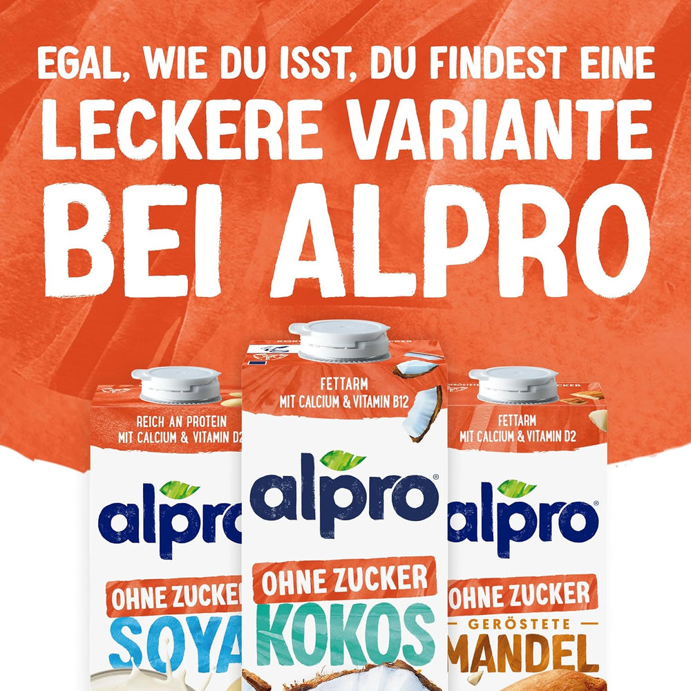 Alpro Kokosnussdrink ohne Zucker – Ohne Süßstoffe – Vegan und milchfrei – Von Natur aus lactosefrei und fettarm – Bogaty w wapń i witaminy – 8 x 1 L