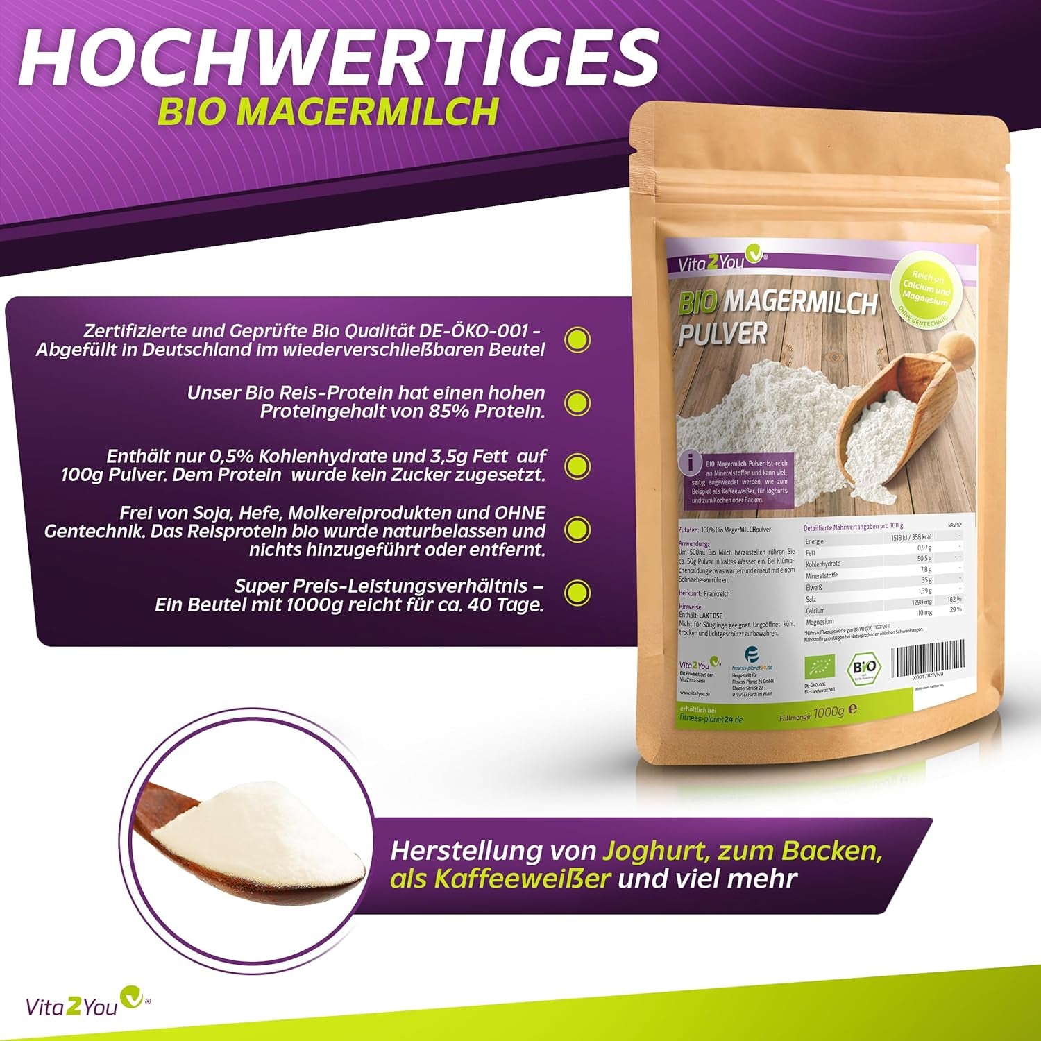 Vita2You Bio Odtłuszczone Mleko w Proszku 1000g - 100% Bio Qualität - do pieczenia - Kaffeeweißer - Milchpulver für Joghurts - 1kg - Premium Qualität