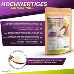 Vita2You Bio Odtłuszczone Mleko w Proszku 1000g - 100% Bio Qualität - do pieczenia - Kaffeeweißer - Milchpulver für Joghurts - 1kg - Premium Qualität