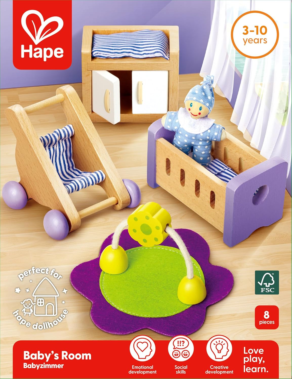 Hape Baby Room – Set cameră de păpuși din lemn, mobilier pentru păpuși pentru copii, accesorii pentru casă de păpuși pentru copii mici, cameră de copii în miniatură cu leagăn și accesorii, joc de rol de la 3 ani