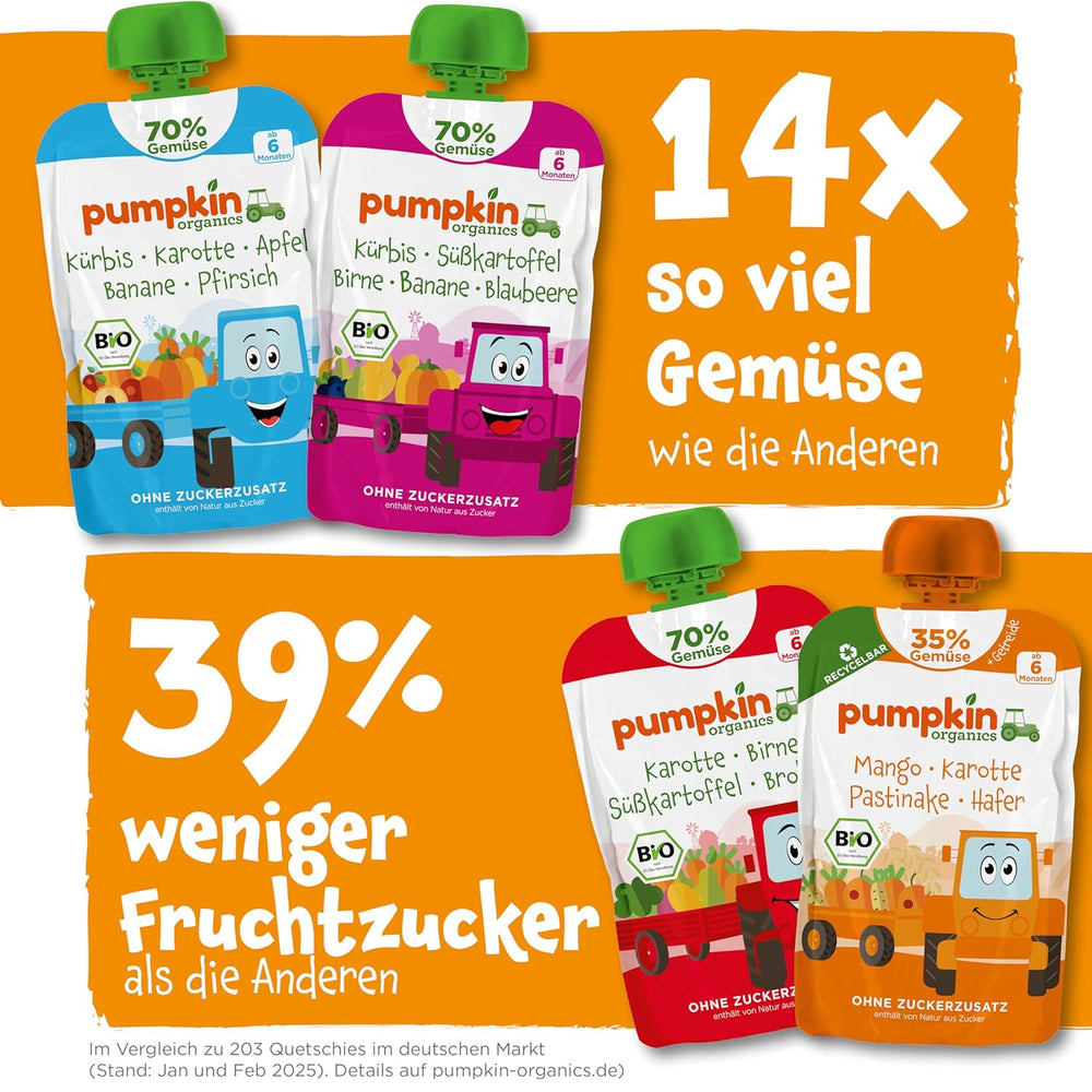 Pumpkin Organics Bio Gemüse-Getreide-Quetschie Kürbis, Birne, Apfel, Pflaume, Hafer ohne Zuckerzusatz¹ - ab 8 Monaten - als Snack lub Beikost für unterwegs (100g)