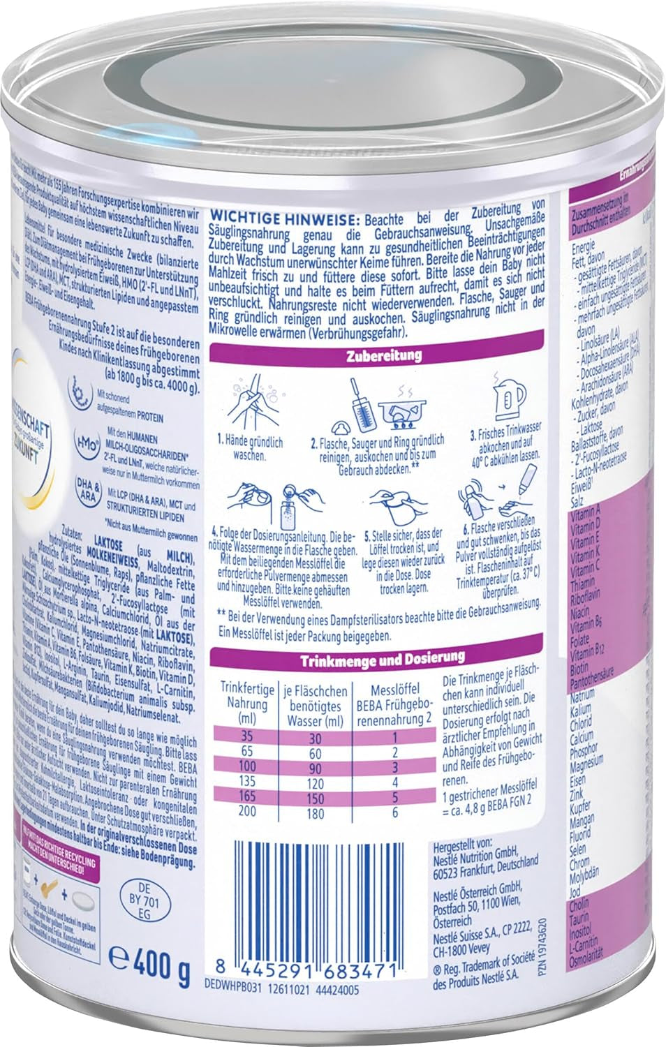BEBA Premature Infant Formula Stage 2 - Wcześniaki po wypisie ze szpitala, żywność dla niemowląt, mleko w proszku dla niemowląt, 1 opakowanie (1 x 400 g)