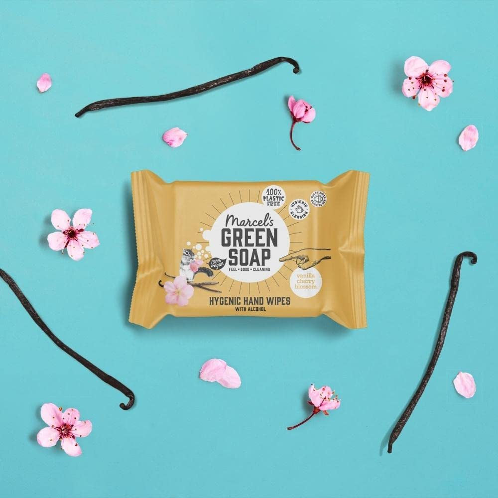 Chusteczki nawilżane do rąk Marcel's Green Soap, 60 szt. - Wanilia i kwiat wiśni - Na bazie roślin - Organiczne