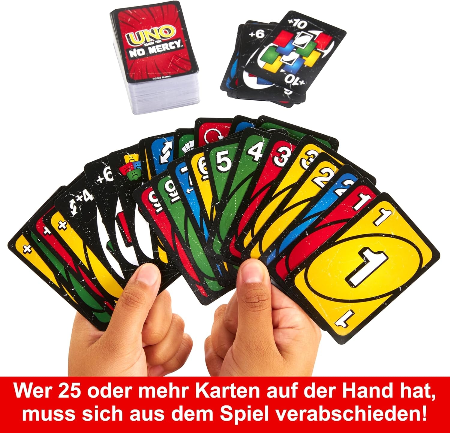 Mattel UNO Show „em No Mercy – 56 dodatkowych kart, wymagające karty akcji i brutalne zasady gry w najbardziej bezlitosnej wersji, zasady układania i wymiana rąk, wiek 7+, HWV18
