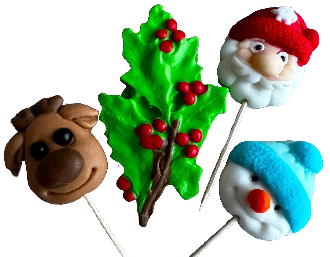 Set 4 decoratiuni comestibile din pasta de zahar, toppere de Craciun, ren, om de zapada, brad si Mos Craciun Decoratiuni din Pasta de Zahar Naty Shop
