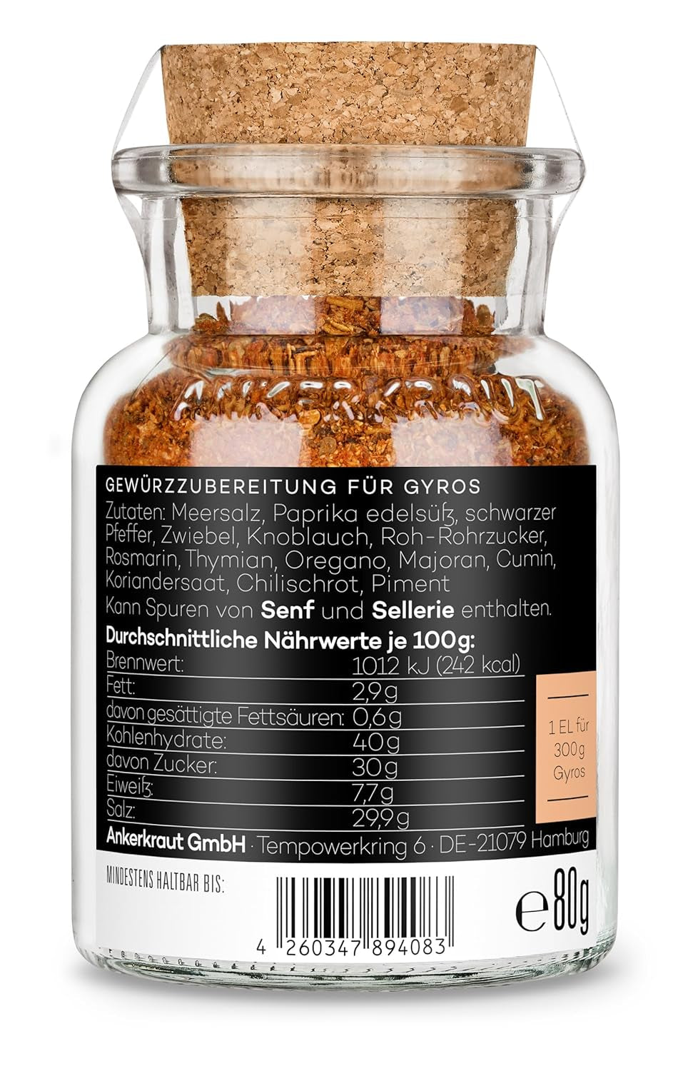 Ankerkraut Gyros, Gewürzmischung für Gyros, egal ob aus der Pfanne oder vom Grill, mit Zwiebel, Knoblauch, Majeranek, Kminek, Piment und Mehr, 80 g im Korkenglas