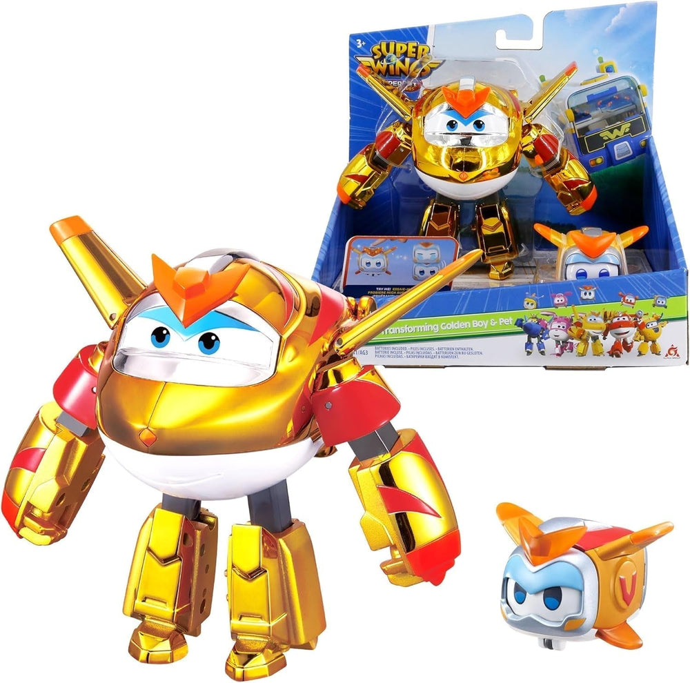 Super Wings EU770447 - Transformacja Tino i Peta, transformacja figurki zabawki ok. 14,5 cm i zwierzątko o wysokości ok. 4,3 cm, dla dzieci powyżej 3 roku życia Figurki Naty Shop Złoty chłopiec