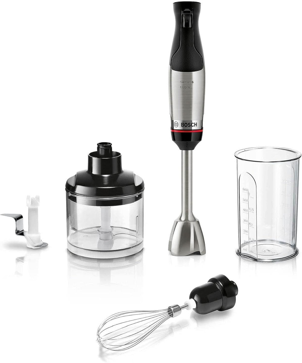 Bosch Stabmixer Ergomaster Serie 6 MSM6M623, 10 Jahre Motorgarantie, Edelstahl-Klingen, Verschleiãÿfreie Keramik-Kupplung, Luftkühlung, Zerkleinerer, Kartoffelstampfer, Schneebesen, 1000 W, Edelstahl Kitchen Naty Shop 3-In-1, Ergomaster Serie 6