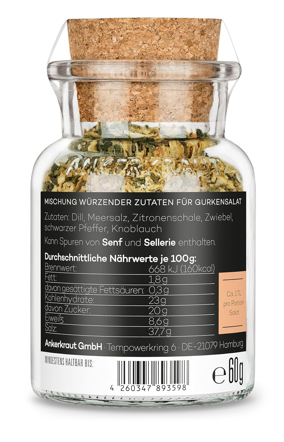 Ankerkraut Gurkensalat, 60 g w szklance korkowej, Würze Gherken-Salat Ganz Einfach, Zuckerfrei und Ohne Gesmackverstärker, Mischung würzender Ingredient für Salat