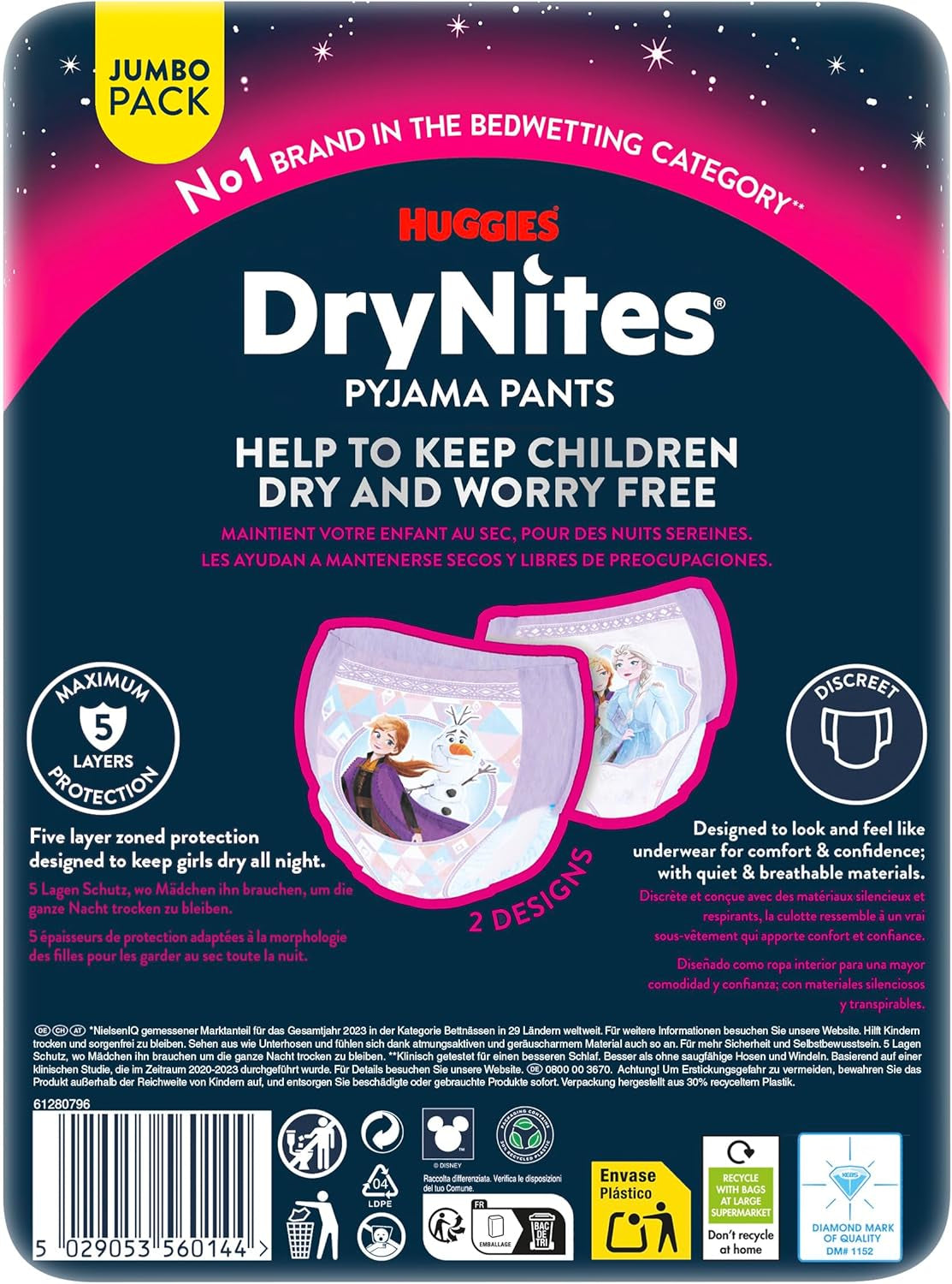 Huggies DryNites Super chłonne pieluszki na noc dla dziewczynek 3–4 lata (12–21 kg) 4 x 16 szt. (łącznie 64 szt.) Miesięczny zestaw majtek