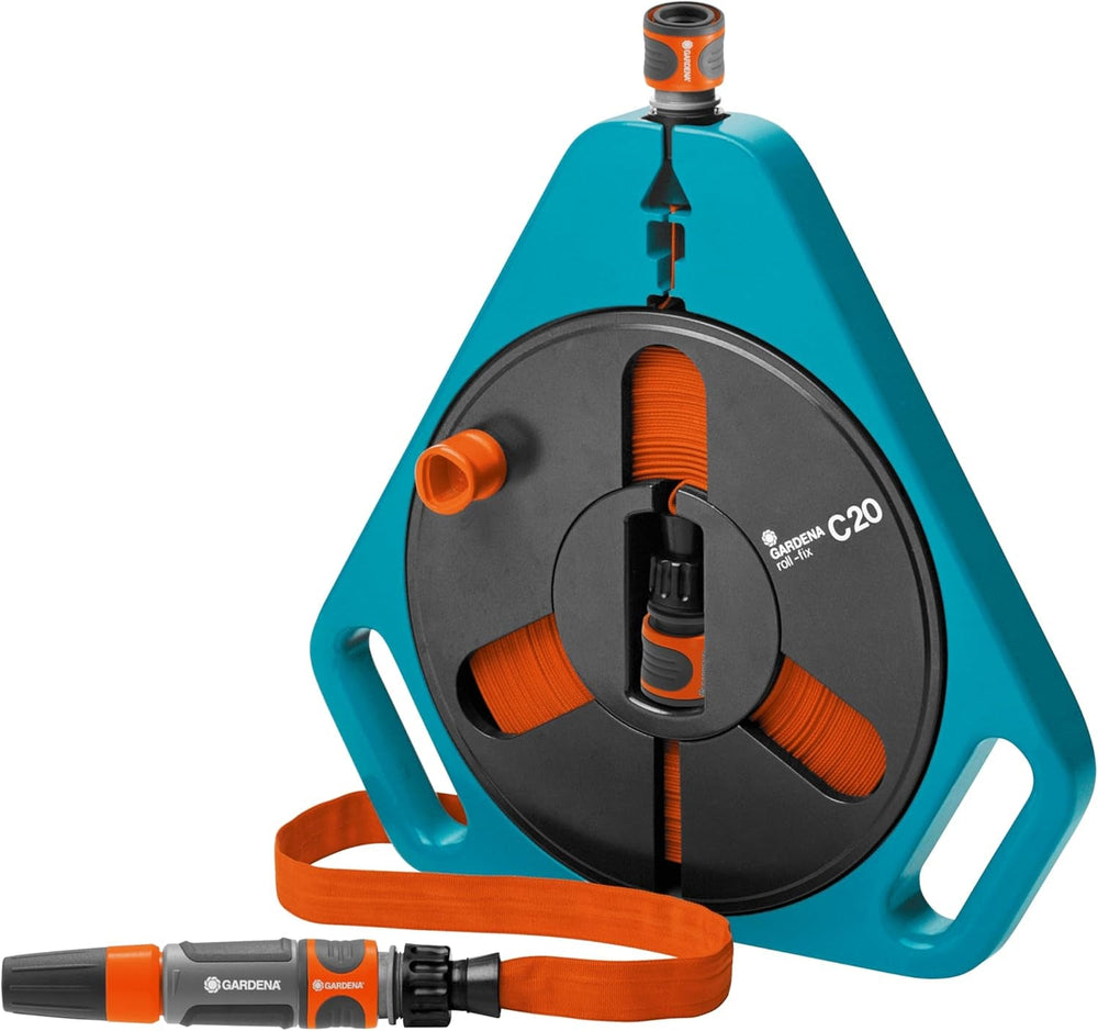 Furtun plat Gardena Original Classic roll-fix 15m: Casetă furtun economisitoare cu furtun de apă (Ø 12 mm în casetă), mecanism automat de siguranță, incl. duză de pulverizare, cu dispozitive de conectare (756-20)