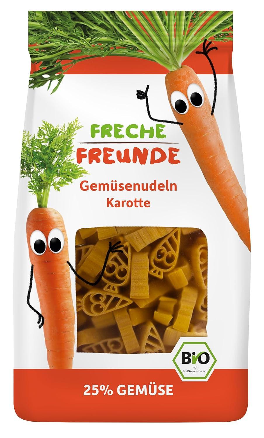 Tăiței vegetali organici Freche Freunde „Morcov”, cu 25% conținut de legume, vegani, pachet de 6 (6 x 300 g)