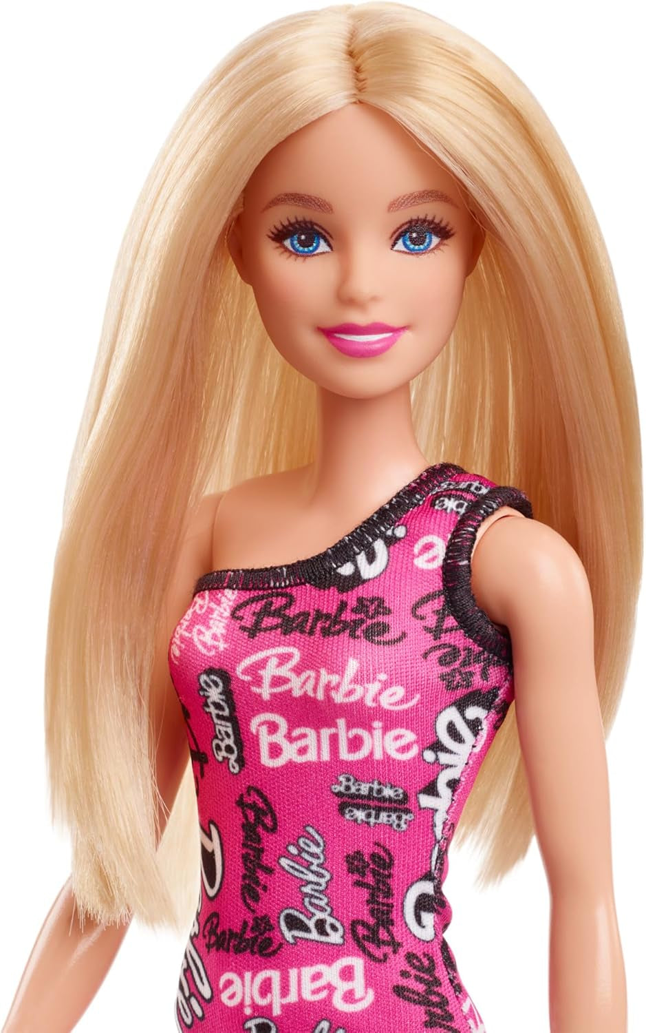 Păpușă Barbie Fashion cu păr blond drept într-o rochie extensibilă roz cu un umăr și pantofi cu logo imprimat, HRH07 Papusi Naty Shop