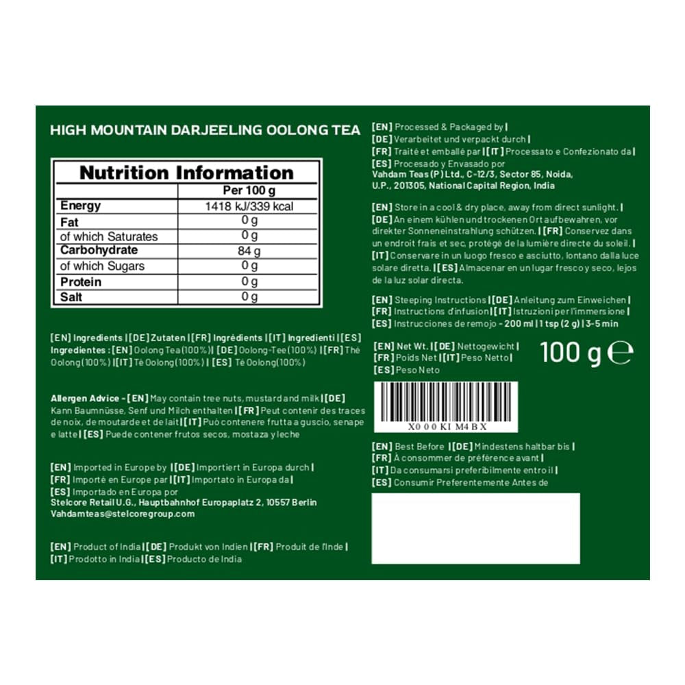 VAHDAM, ceai Oolong de munte (100 g) Cules manual în plantațiile de altitudine din Darjeeling | Frunze de ceai Oolong 100% naturale | Direct de la sursă din India | Se prepară ca ceai fierbinte/rece