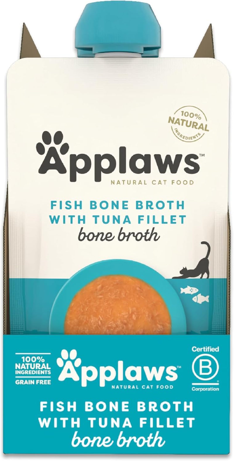 Applaws Hrană umedă 100% naturală pentru pisici – Supă de oase de pește cu ton, 12 pliculețe cu filtru x 85g