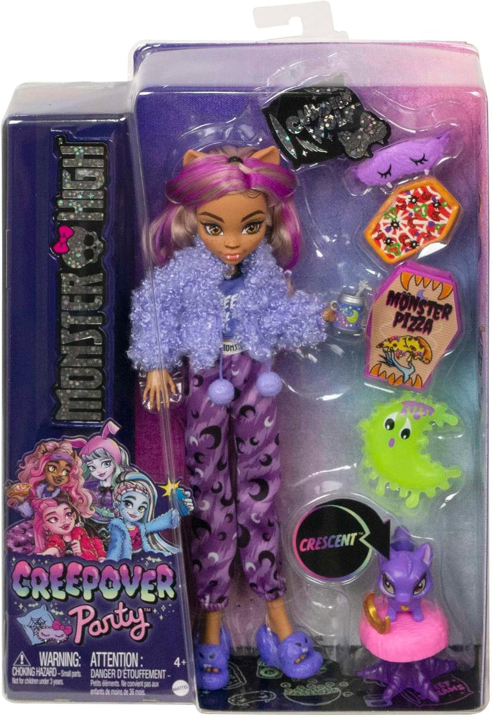 MONSTER HIGH Puppe und Sleepover Zubehör, Clawdeen Wolf Puppe mit Pet Cat Crescent, Creepover Party, HKY67
