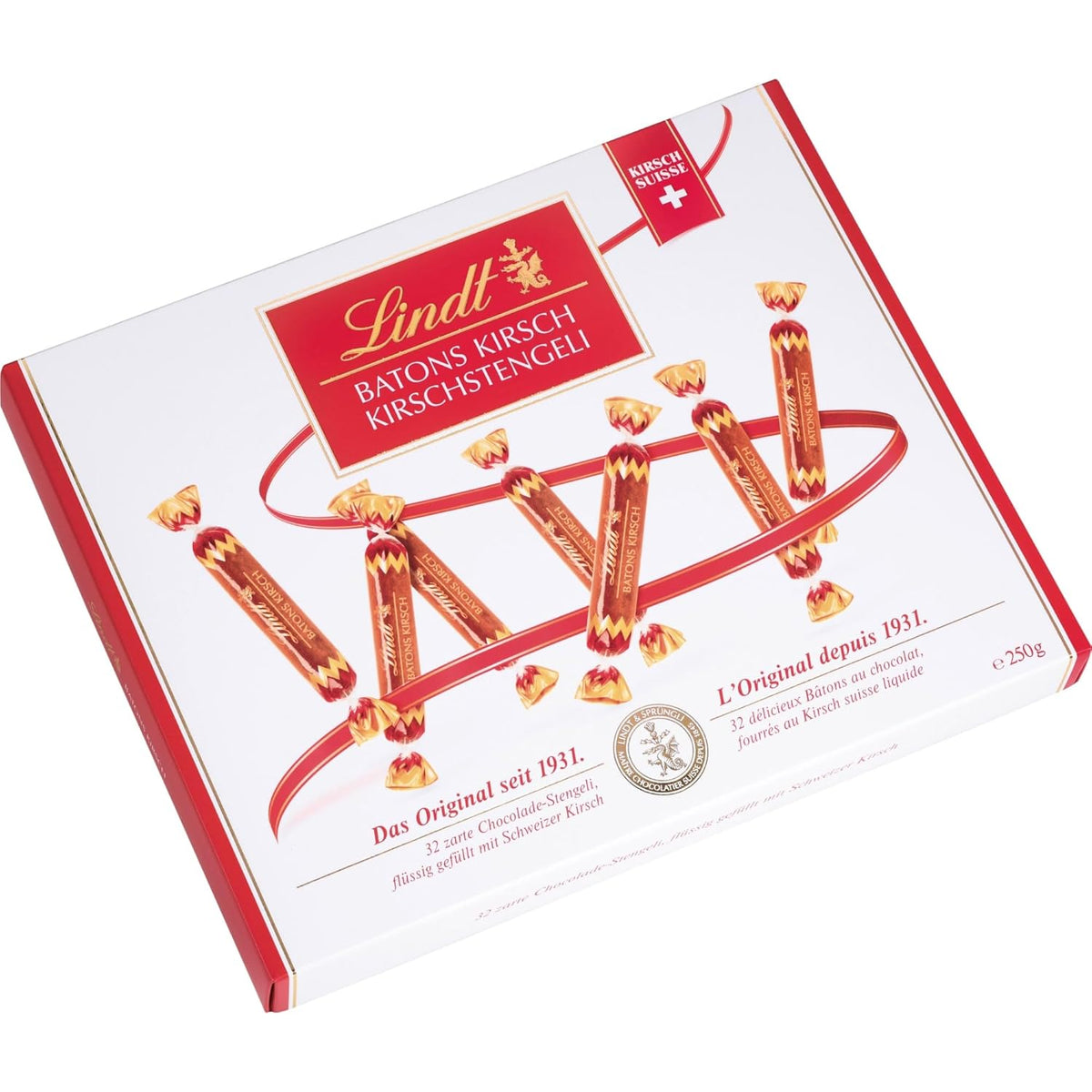 Batony czekoladowe Lindt z łodygami wiśni | 250 g 32 Batoniki mlecznej czekolady nadziewanej płynną wiśnią szwajcarską | Prezent czekolada z alkoholem | Czekoladowy prezent