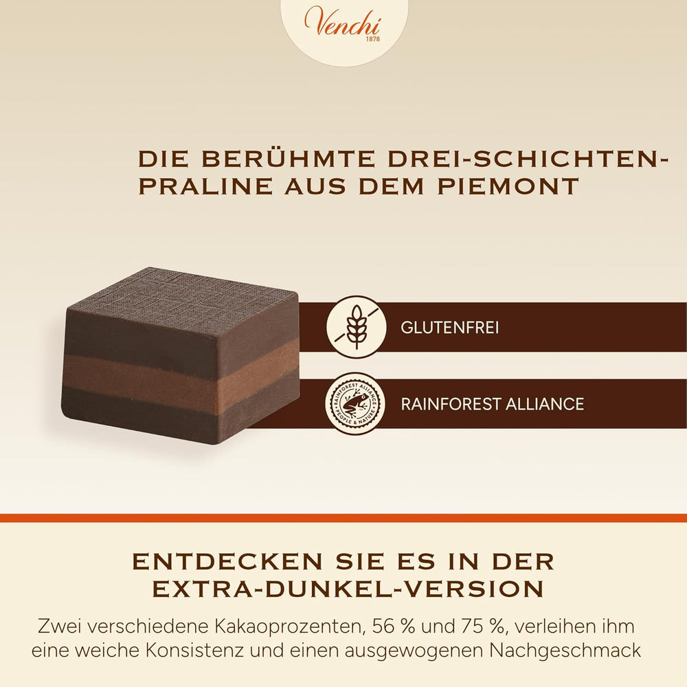 Venchi - Cremino Extra Black Chocolate - Ciemna czekolada z pastą migdałową i „piemonckimi leśnymi orzechami ChOG”, 1 kg, bezglutenowa, bez barwników i bez konserwantów