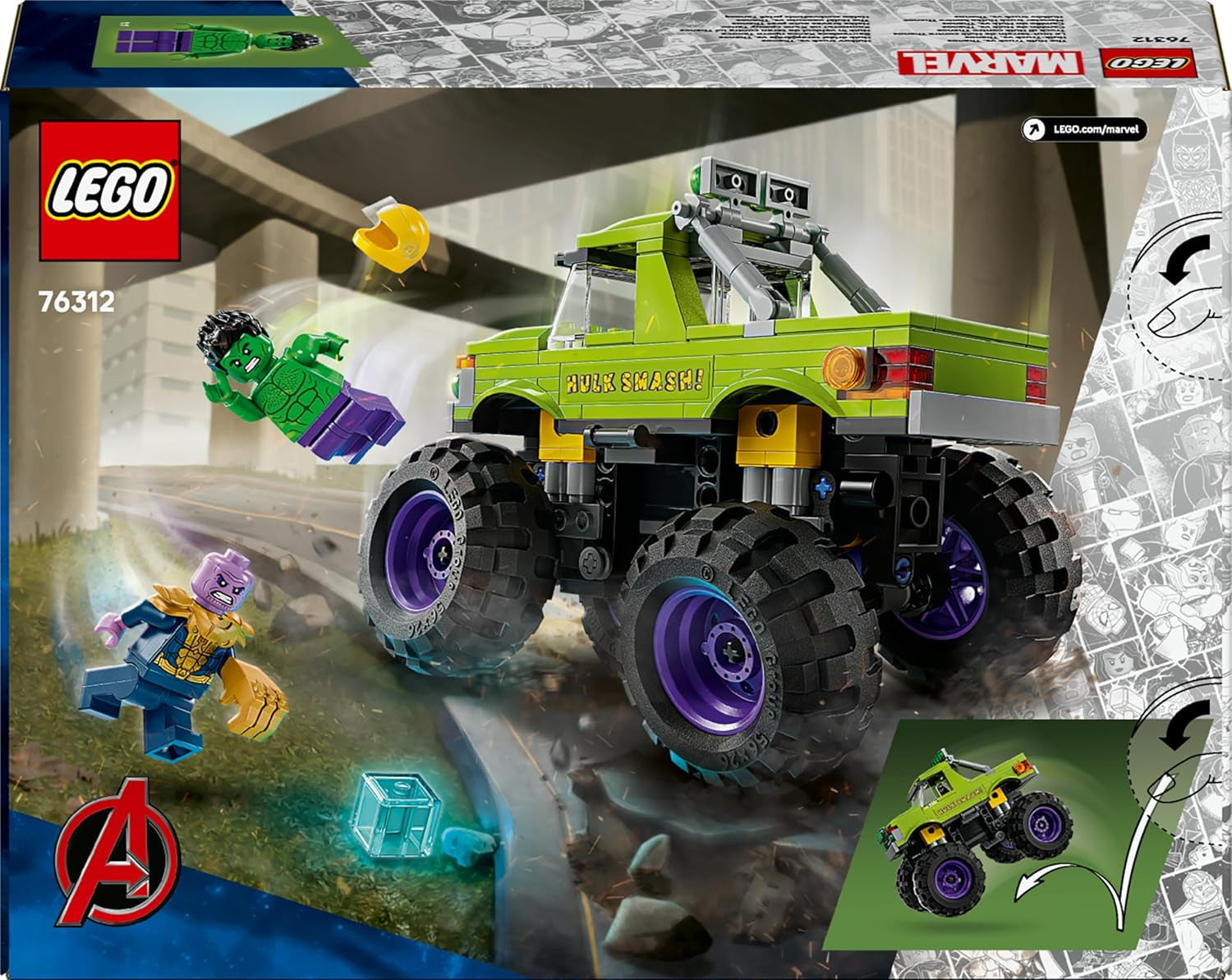 LEGO ǀ Marvel Hulk-Truck vs. Thanos - Kreatives Superhelden Spielzeug - Avengers Fahrzeug und Minifiguren - Monstertruck für Spielspaß - Geschenk für Jungen und Mädchen ab 7 Jahren - 76312