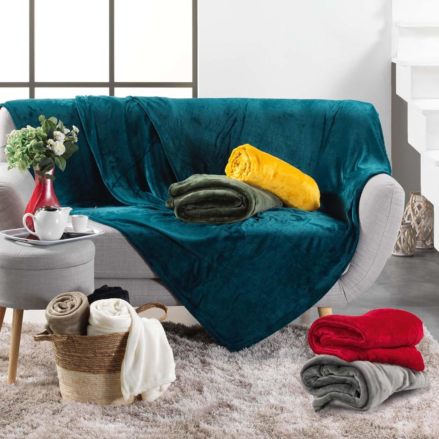 Douceur D'Intérieur FLANOU Plaid, poliester, niebieski, 125 x 150 cm Kołdry i kołdry Naty Shop