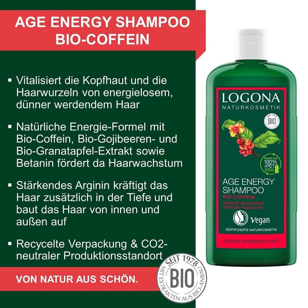 LOGONA Kosmetyki Naturalne, Szampon, wegańska formuła z organiczną kofeiną, 250 ml Prysznic i kąpiel Naty Shop