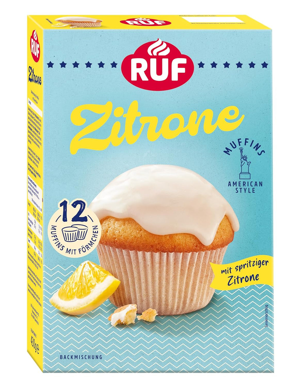 RUF Sernik-Muffiny Backmischung, Babeczki w stylu amerykańskim Mit Cremiger Füllung, Einfache Zubereitung, 12 Muffin-Förmchen Inklusive Naty Shop Zitrone 430 G (opakowanie 1Er)