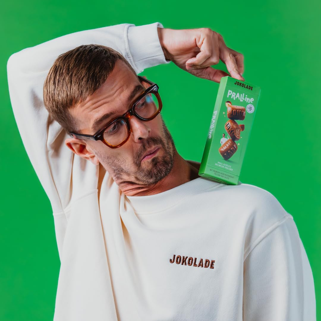 JOKOLADE PRALINE Pudełko 80g | Obfite nadzienie z kremem nugatowym z orzechów laskowych i frytkami | Czekolada Fair Trade od Joko Winterscheidt