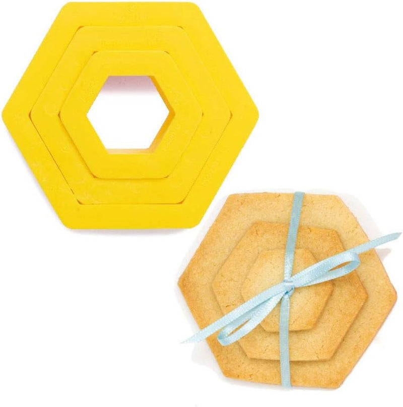 Decorare, Set de forme hexagonale pentru biscuiți, plastic, galben, 1,5/2,5/3,5 x 2,2 cm (pachet de 3)