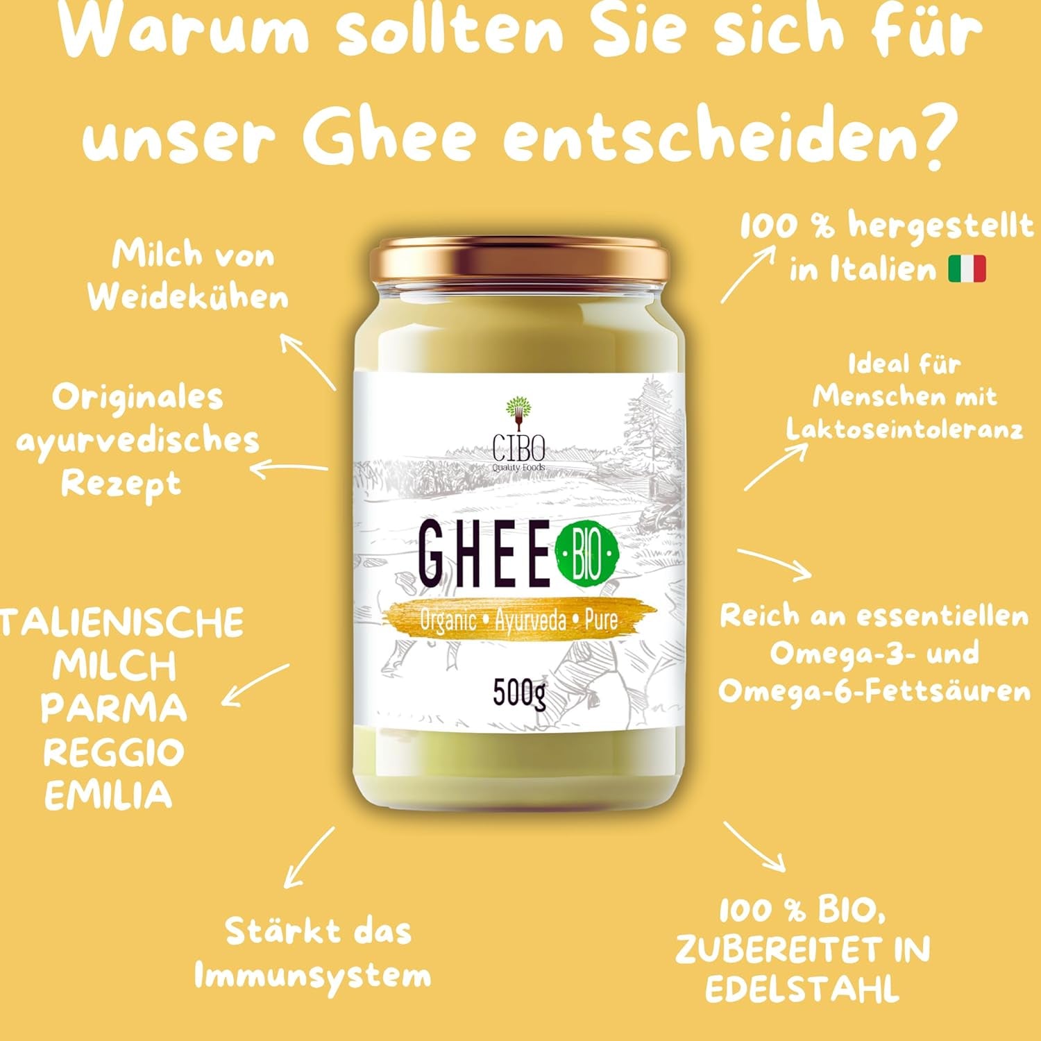 Cibo Bio Ghee 500g – Milch aus Parma und Reggio Emilia – Hergestellt in Italy – Weidekühe – Rauchpunkt 250°C – Aus Centrifugensahne