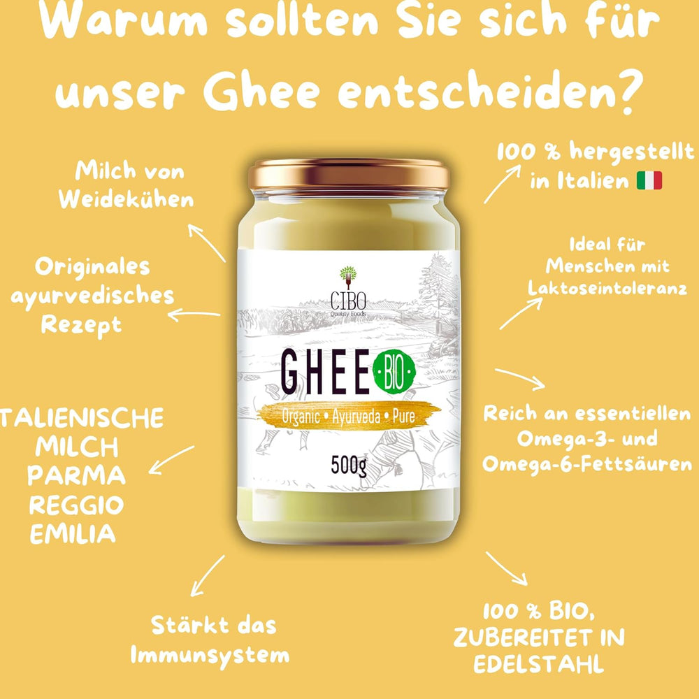 Cibo Bio Ghee 500g – Milch aus Parma und Reggio Emilia – Hergestellt in Italy – Weidekühe – Rauchpunkt 250°C – Aus Centrifugensahne