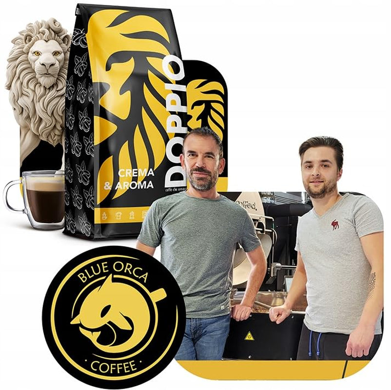 Doppio Crema & Aroma 1KG | Boabe de cafea 80% Arabica și 20% Robusta | cu note de cacao, nuci și caramel | Prăjire proaspătă și medie, aciditate scăzută | pentru espresso | Blue Orca Coffee