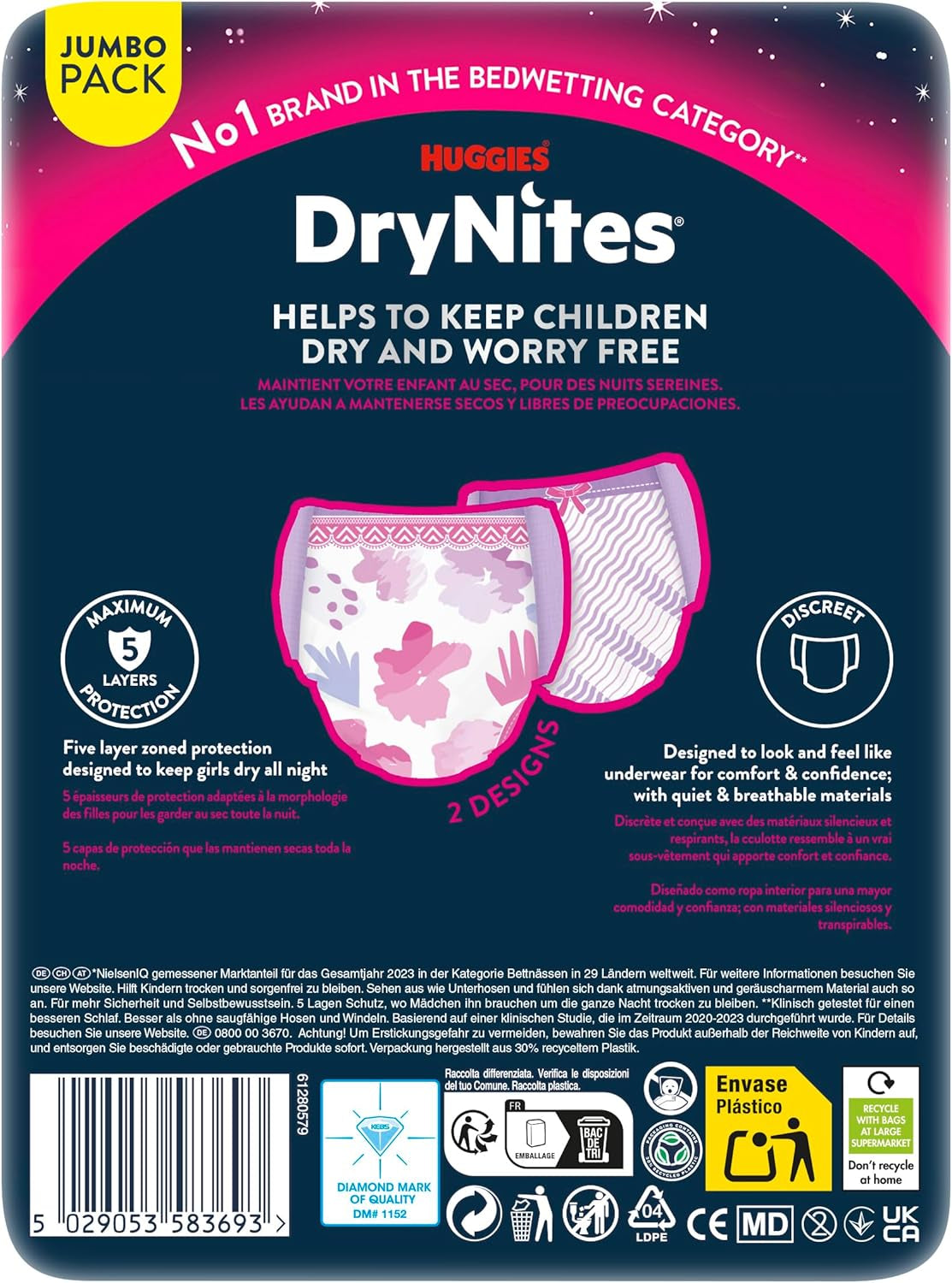 Huggies DryNites Nocne pieluszki do moczenia nocnego dla dziewczynek 13–około 17 lat (48–60 kg) 33 szt. (3 x 11) Duże miesięczne opakowanie XL Majtki pieluszkowe