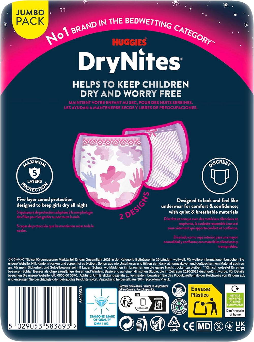 Huggies DryNites Nocne pieluszki do moczenia nocnego dla dziewczynek 13–około 17 lat (48–60 kg) 33 szt. (3 x 11) Duże miesięczne opakowanie XL Majtki pieluszkowe