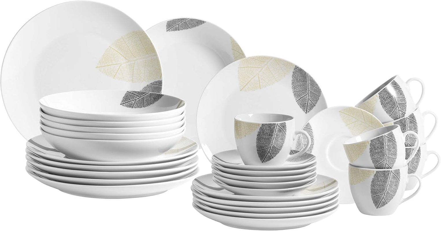 MÄSER 931215 Set de veselă frumos decorat pentru 6 persoane, serviciu combinat 30 de piese, cu forme fără rame, porțelan, alb