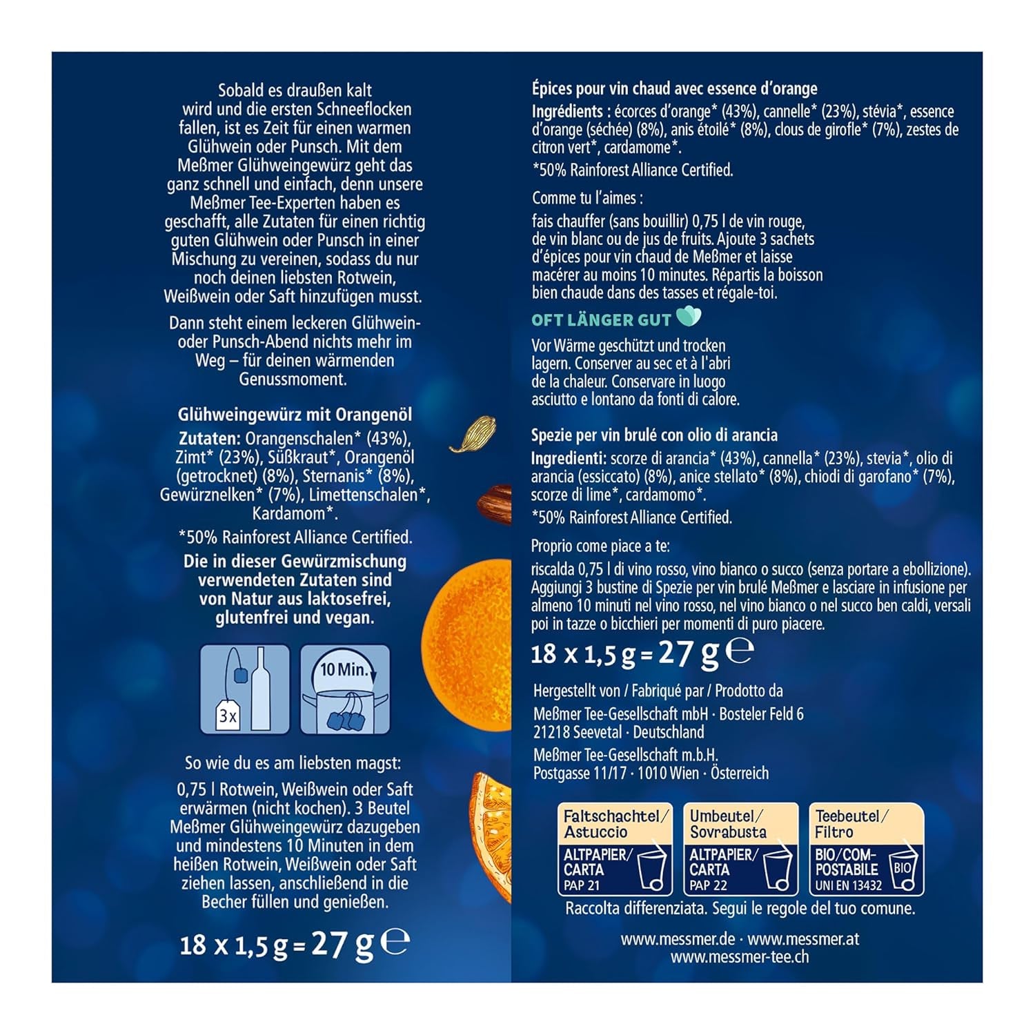 Meßmer Glühweingewürz | Na wino lub sok | 18 Teebeutela | Bezglutenowe | Wegańskie bez laktozy