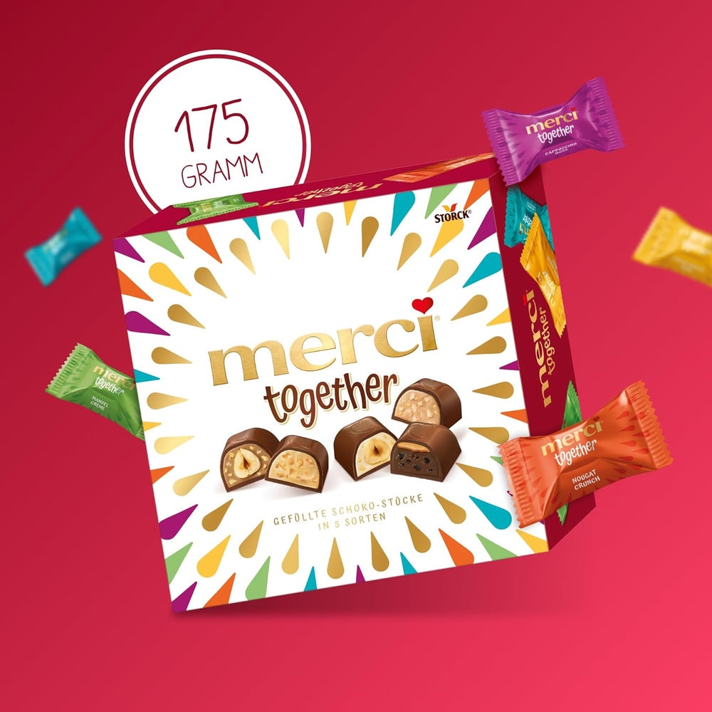 Merci Together - 1 x 175 g - Czekoladki nadziewane w pięciu odmianach z delikatną mleczną czekoladą - Praliny czekoladowe do dzielenia się i dawania w prezencie