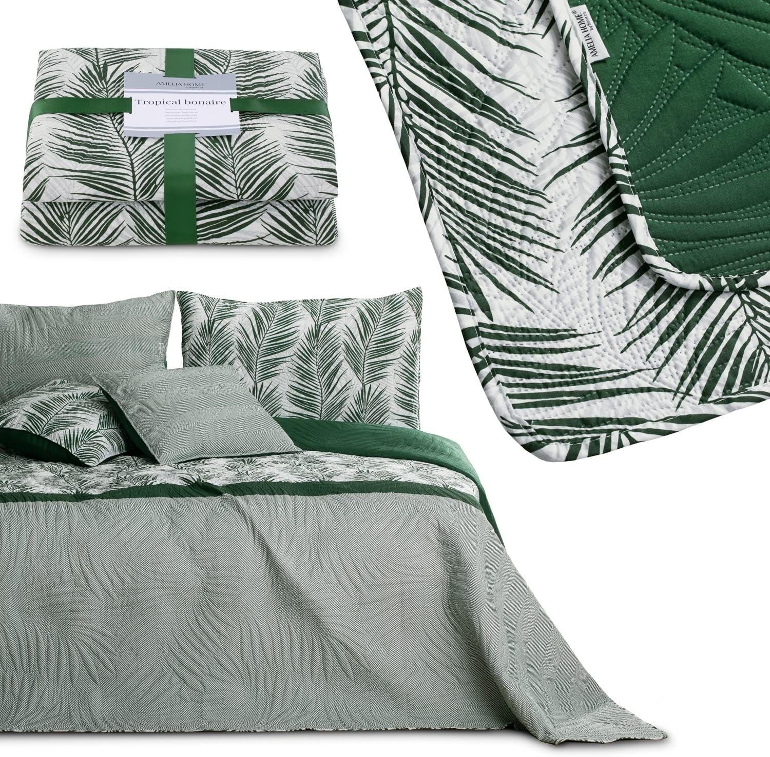 Ameliahome Cuvertură de pat Cuvertură de pat 170X210 Cm Două fețe Ușor de îngrijit Cuvertură de pat Model de plante Verde Alb Tropical Bonaire Paturi si Cuverturi Besuche den AmeliaHome-Store